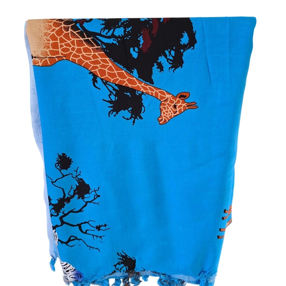African Giraffe Zebra Print Blue Tassel Sarong Cover Up Swim Beach Pool Scarf